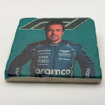 Fernando Alonso artwork printed on square travertine stone coaster