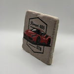 Vintage Ferrari 488 artwork printed on square travertine stone coaster