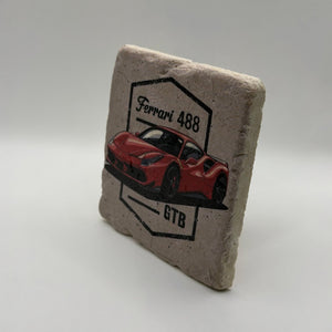 Vintage Ferrari 488 artwork printed on square travertine stone coaster