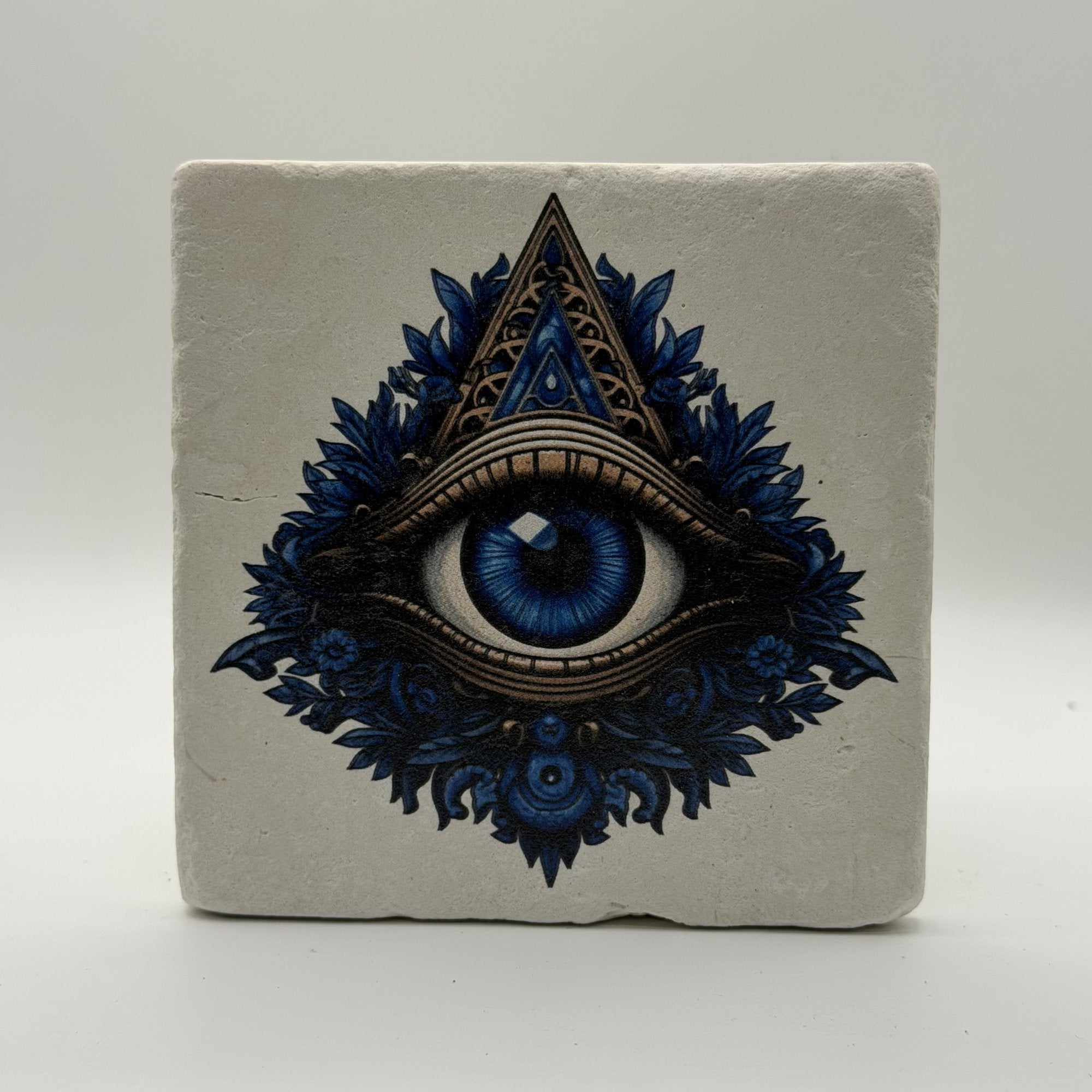 Floral Triangular Blue Eye Natural Travertine Stone Coaster premium artwork