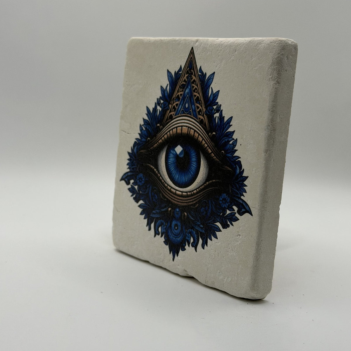 Floral Triangular Blue Eye Natural Travertine Stone Coaster premium artwork