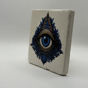 Floral Triangular Blue Eye Natural Travertine Stone Coaster premium artwork