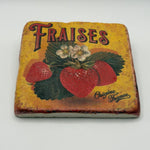Fraises artwork printed on square travertine stone coaster