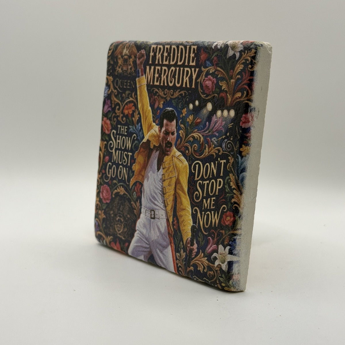 Freddie Mercury Natural Travertine Stone Coaster artwork