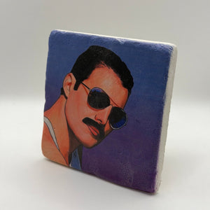Freddie Mercury pop art artwork printed on square travertine stone coaster