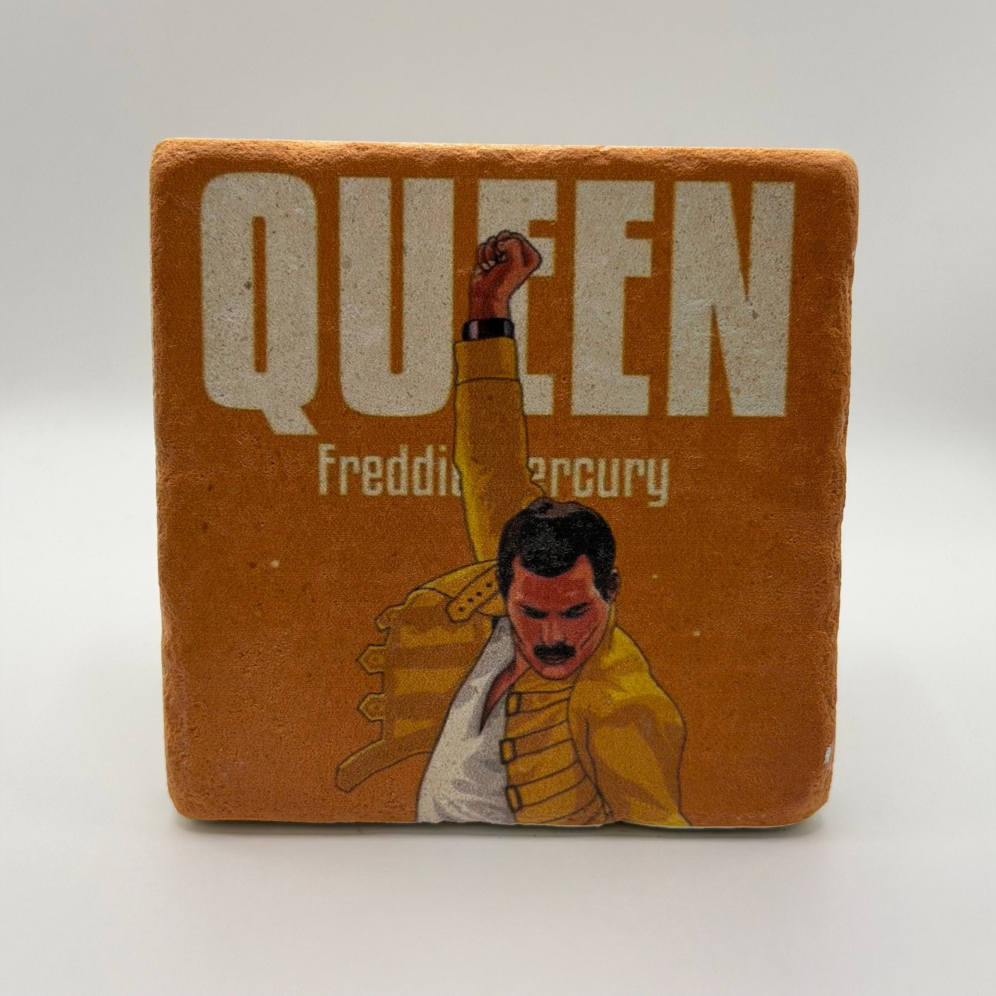 Freddie Mercury artwork printed on square travertine stone coaster