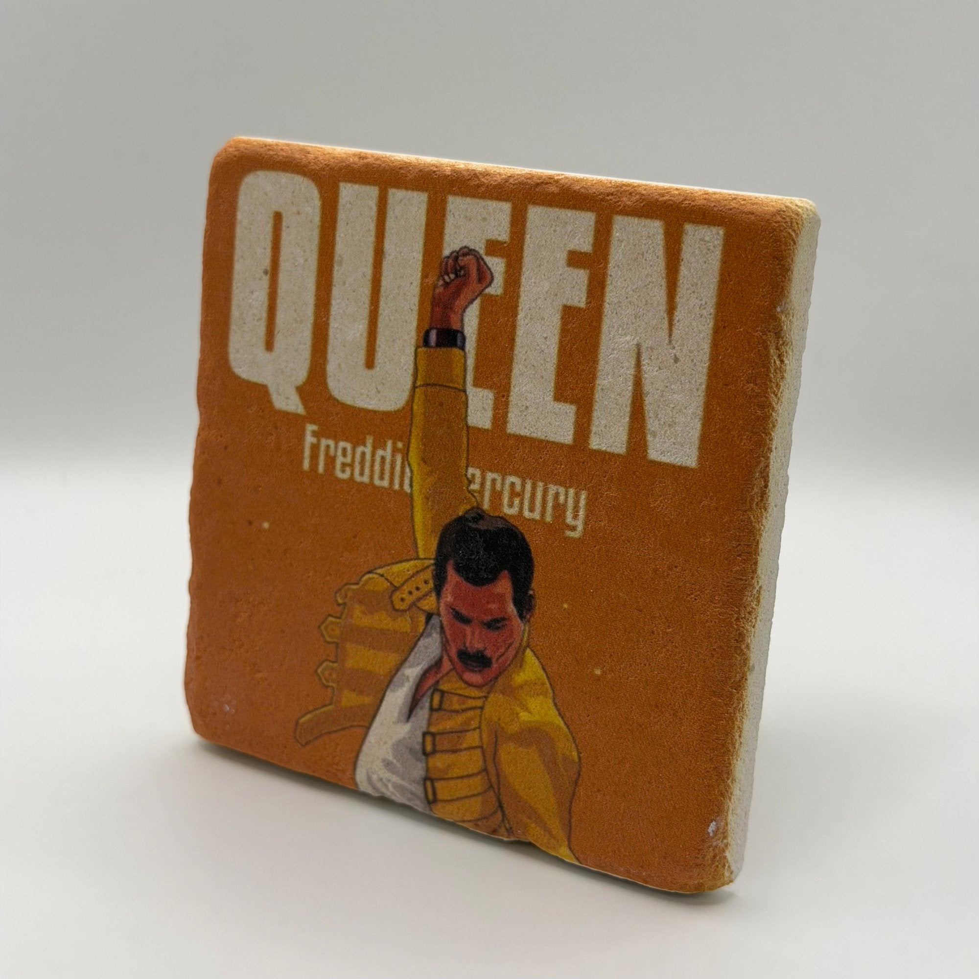 Freddie Mercury artwork printed on square travertine stone coaster