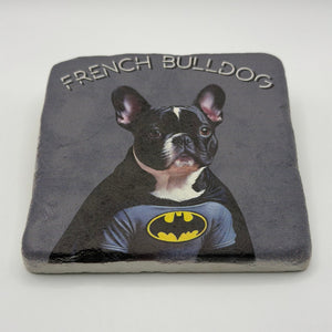 French Bulldog Batman Cosplay artwork printed on premium natural travertine stone coaster