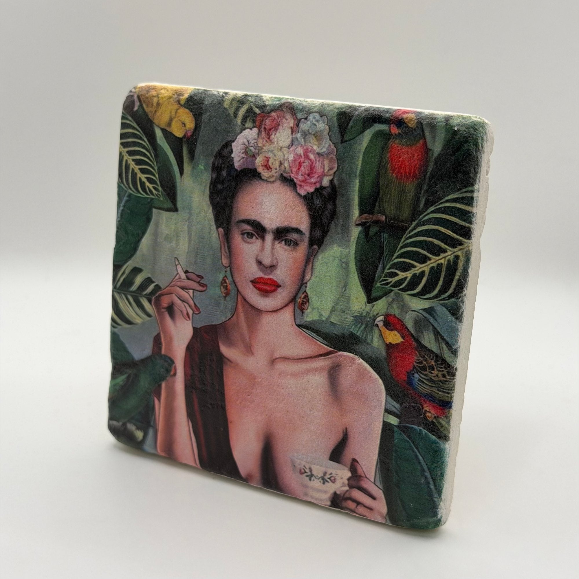 Frida Kahlo artwork printed on square travertine stone coaster
