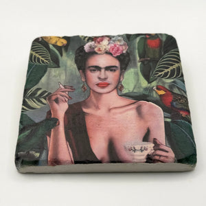 Frida Kahlo artwork printed on square travertine stone coaster