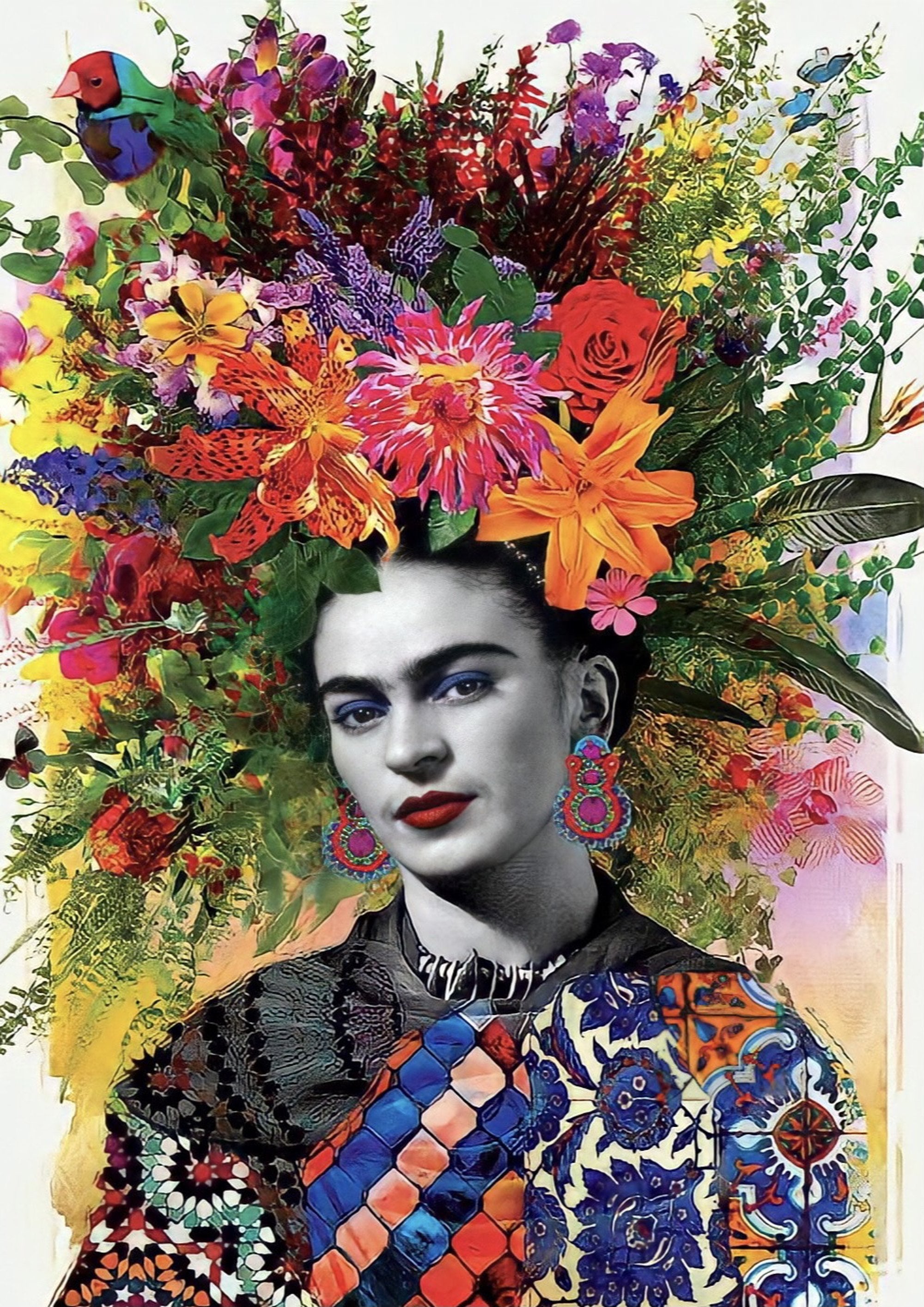 Frida Kahlo floral artwork printed on MDF wall poster