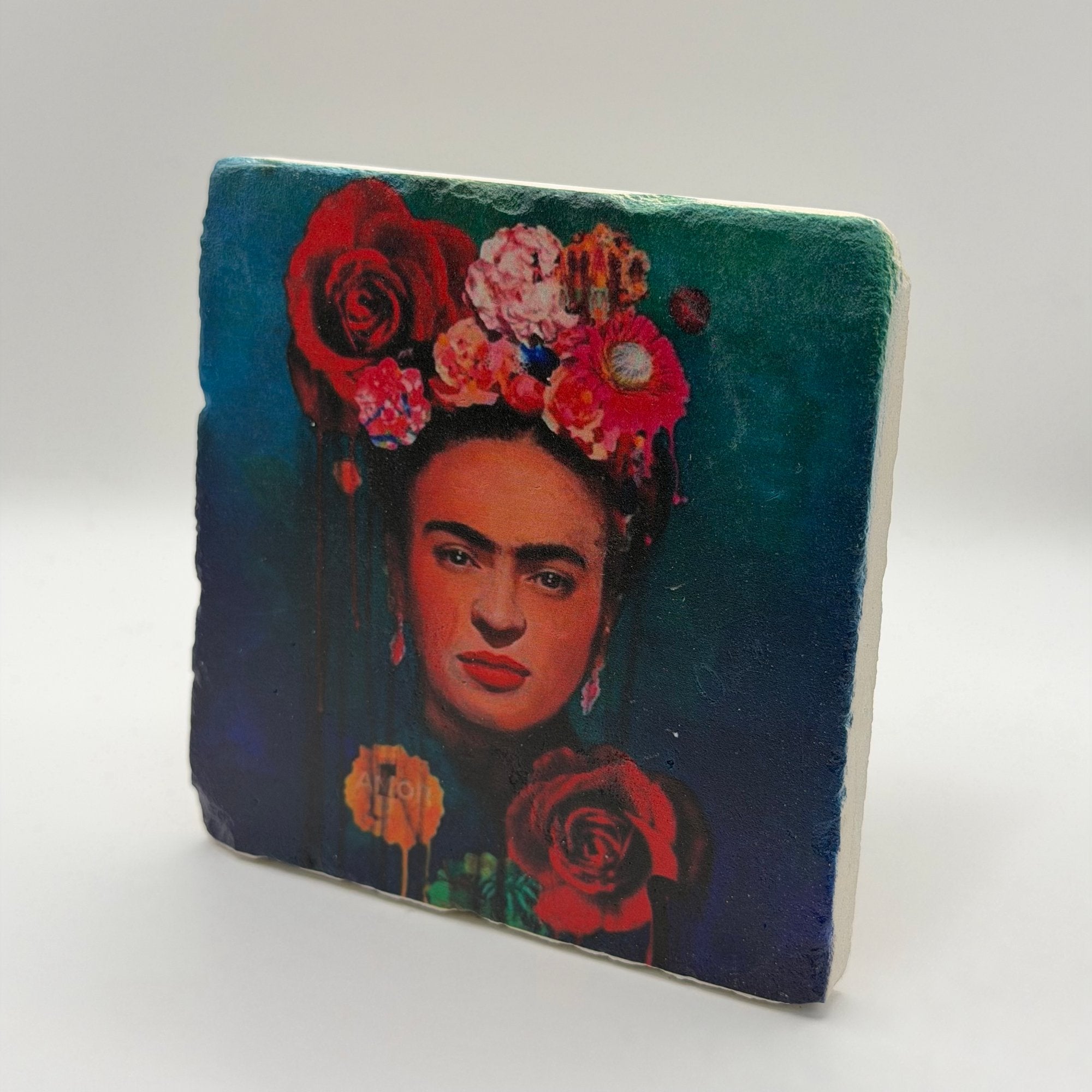 Frida Kahlo artwork printed on square travertine stone coaster