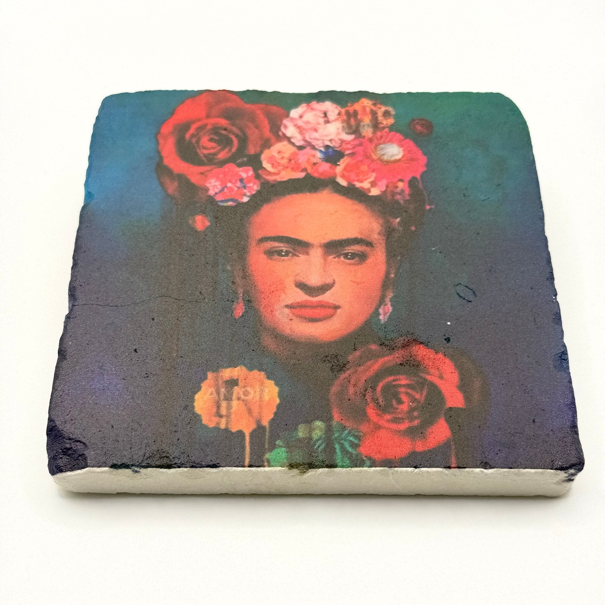 Frida Kahlo artwork printed on square travertine stone coaster