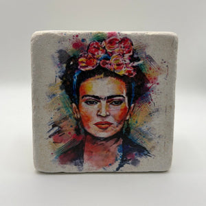 Frida Kahlo portrait printed on square travertine stone coaster
