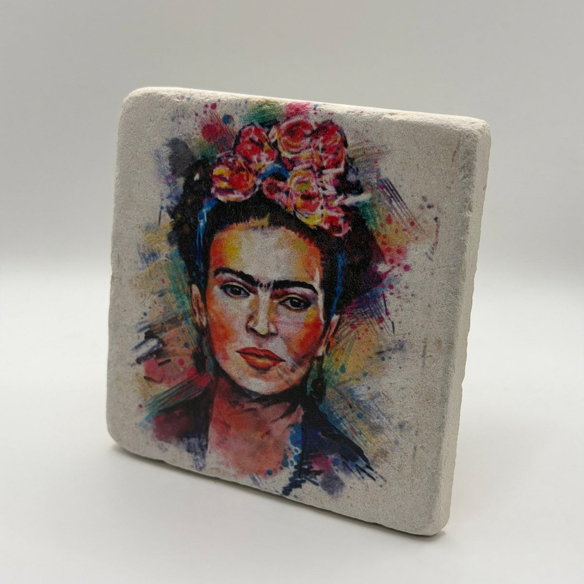 Frida Kahlo portrait printed on square travertine stone coaster