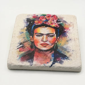 Frida Kahlo portrait printed on square travertine stone coaster