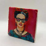 Frida Kahlo artwork printed on square travertine stone coaster