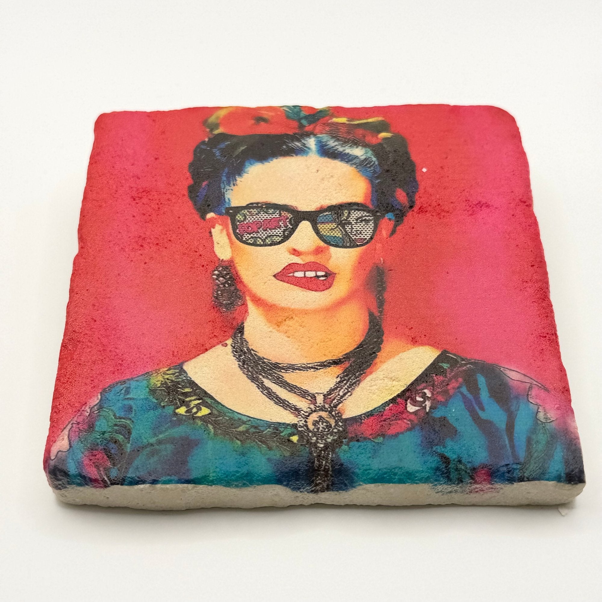 Frida Kahlo artwork printed on square travertine stone coaster