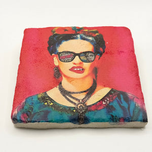 Frida Kahlo artwork printed on square travertine stone coaster