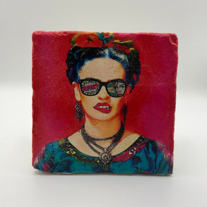 Frida Kahlo artwork printed on square travertine stone coaster