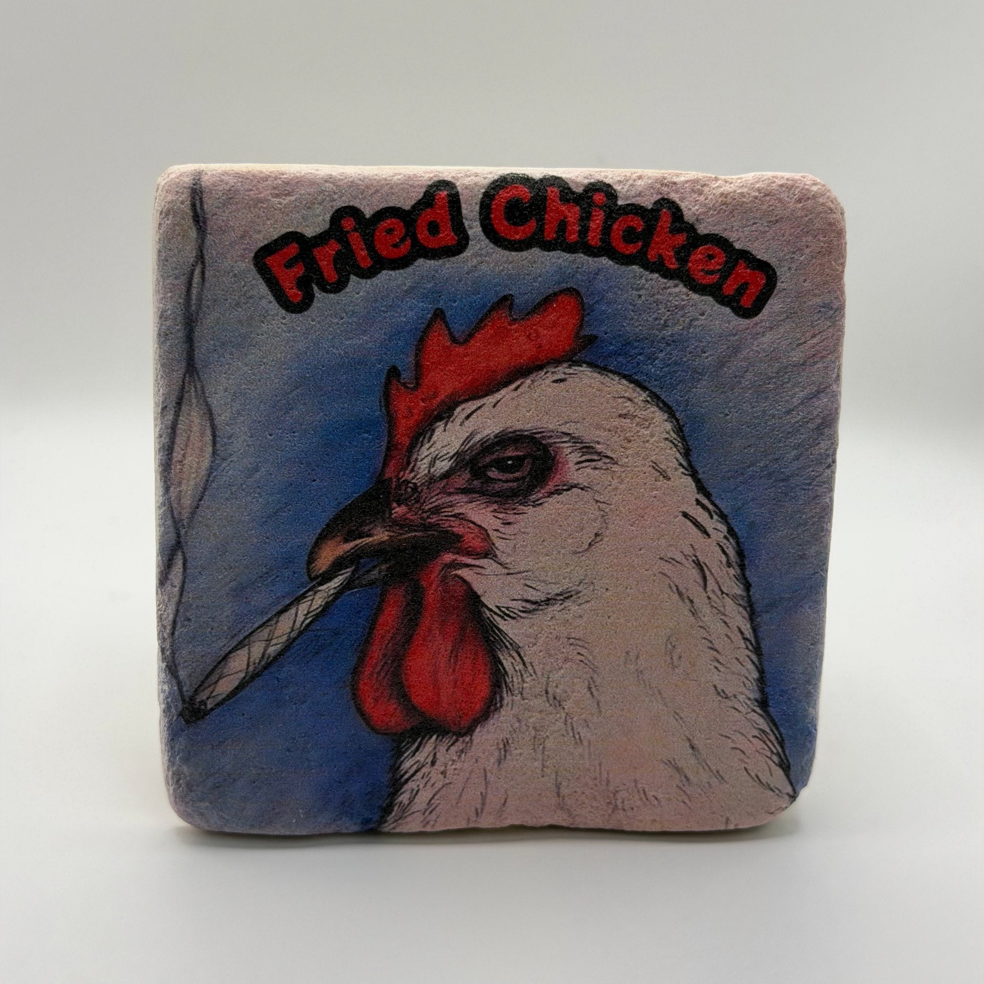 Fried chicken slogan printed on square travertine stone coaster