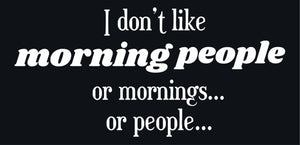Funny quote design displayed as a decorative wall sign saying 'I don't like morning people, mornings, or people'
