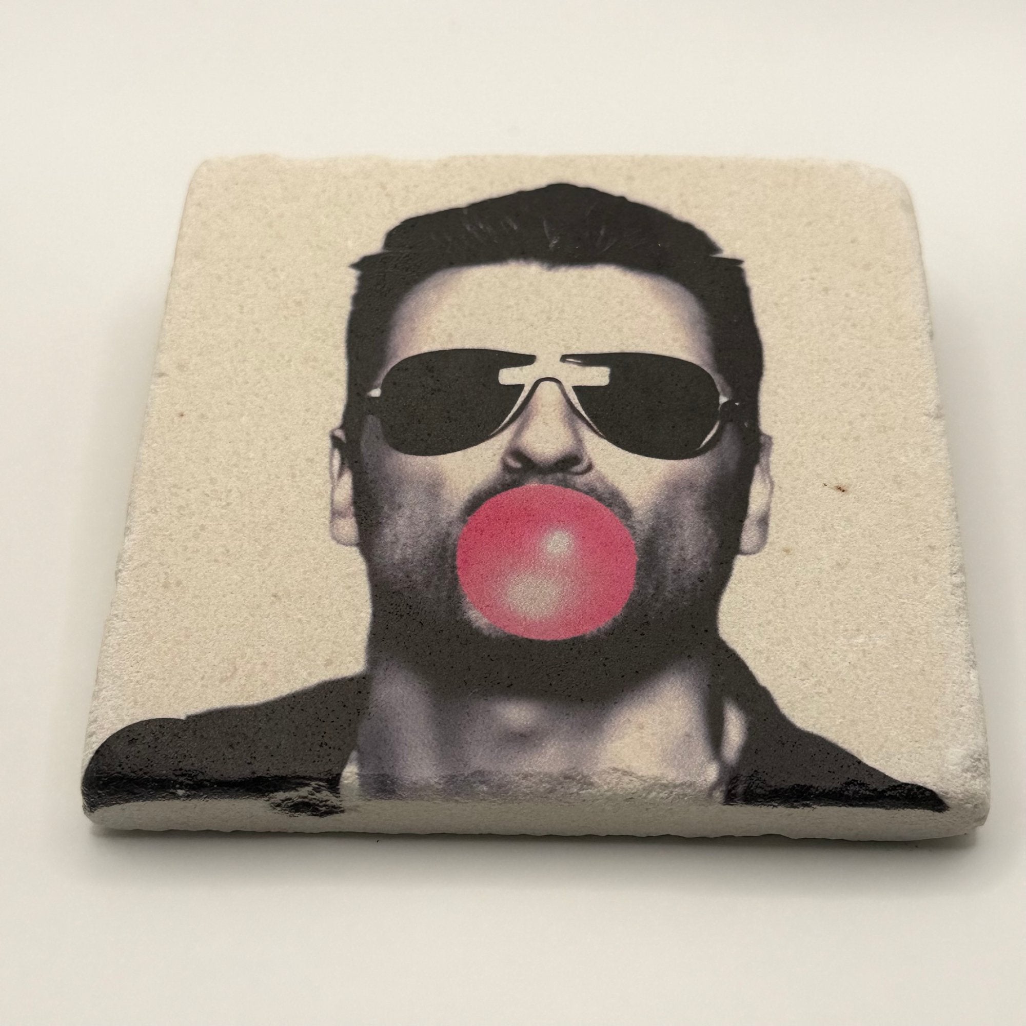 George Michael portrait printed on square natural travertine stone coaster
