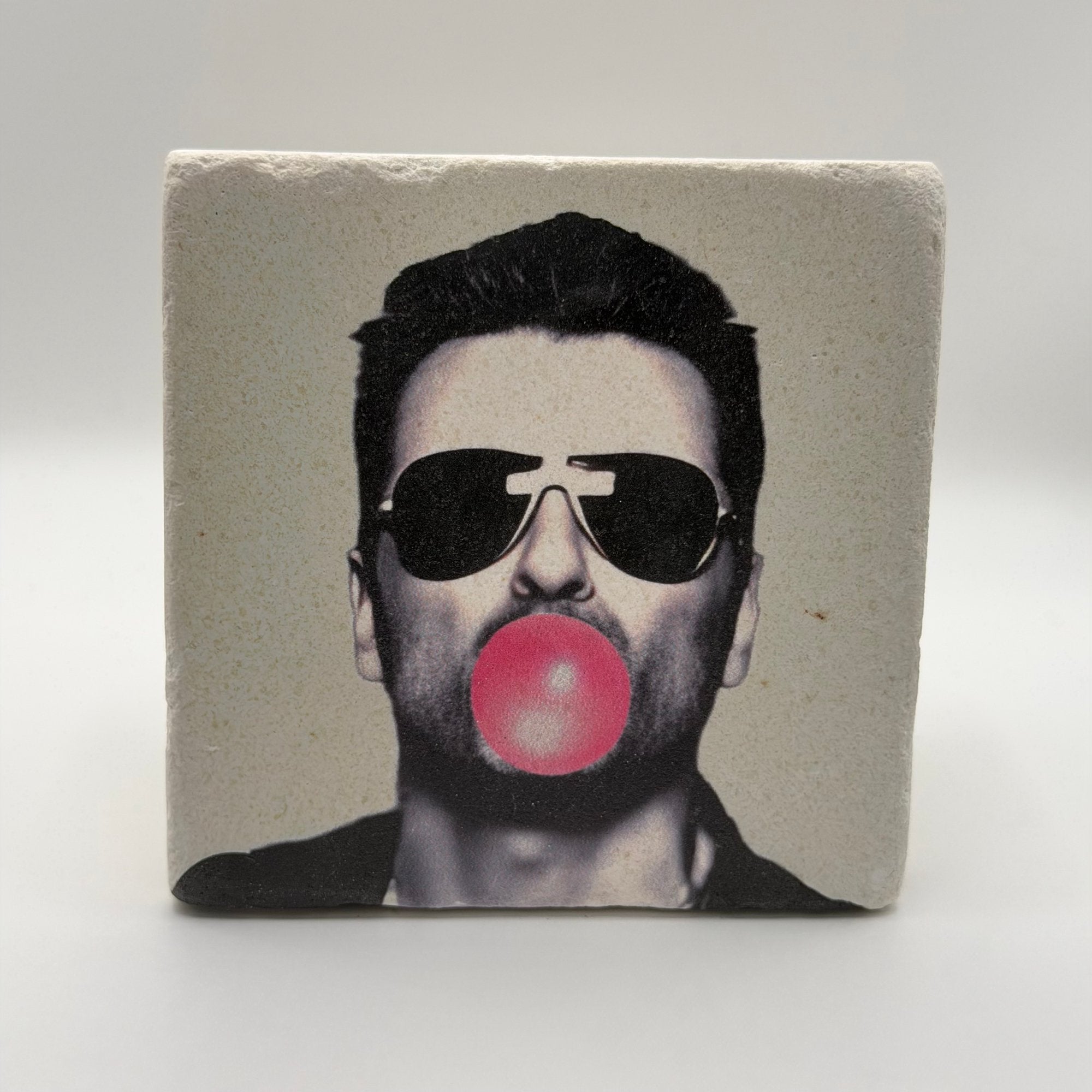 George Michael portrait printed on square natural travertine stone coaster