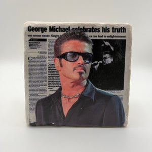 George Michael portrait printed on square natural travertine stone coaster
