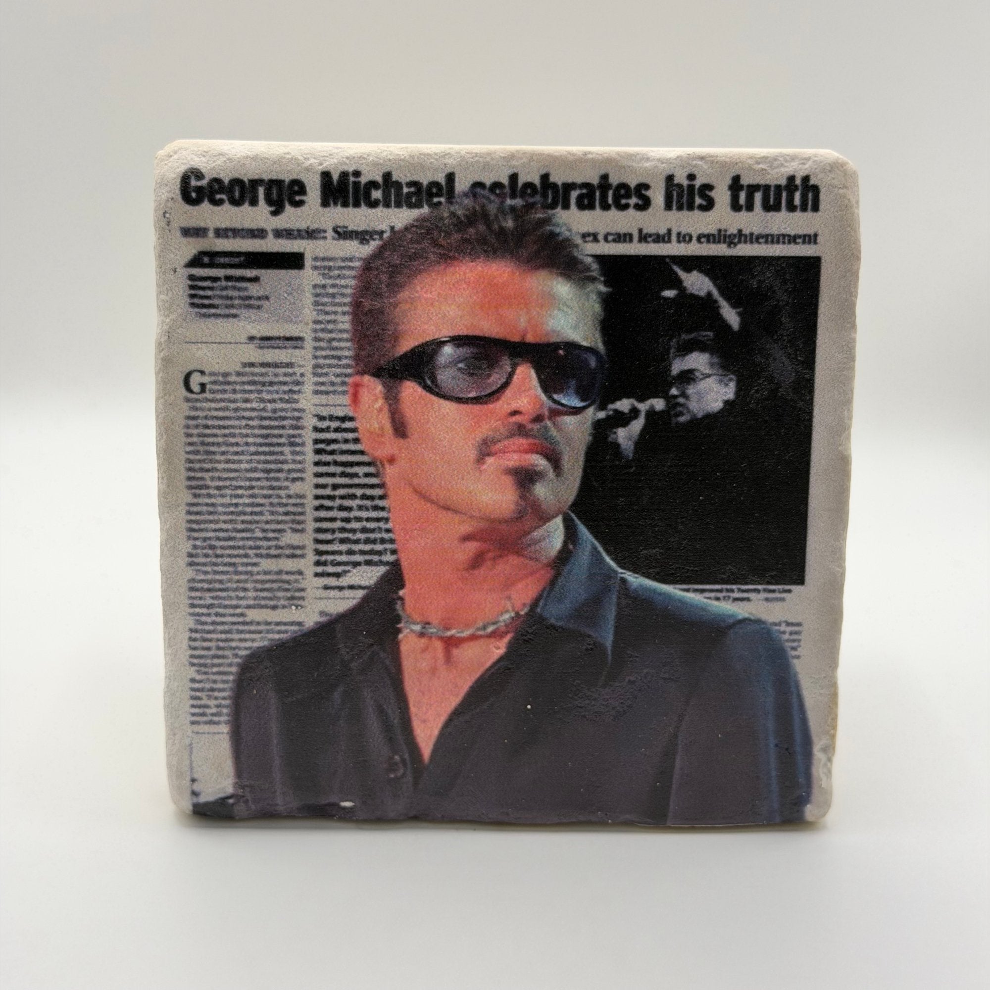 George Michael portrait printed on square travertine stone coaster