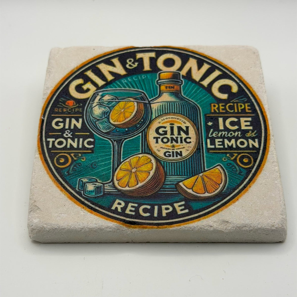 Gin and tonic artwork printed on square natural travertine stone coaster
