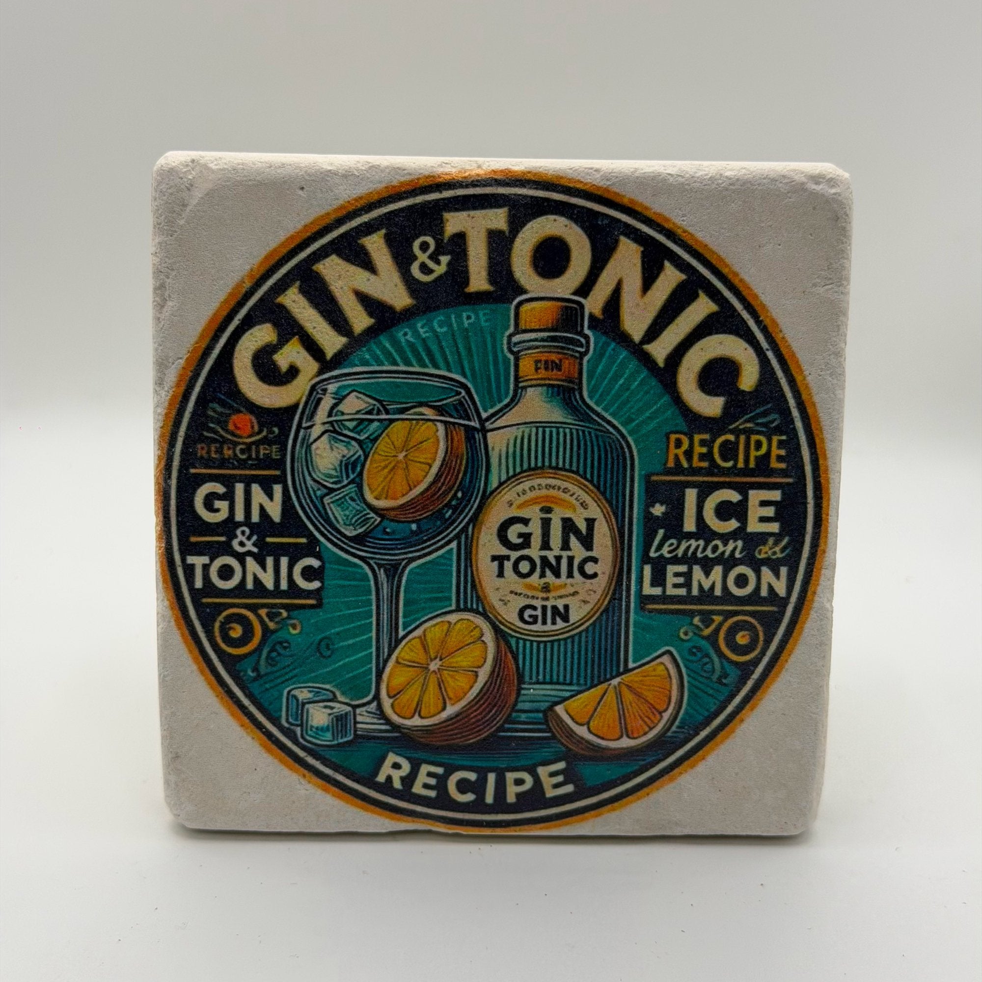 Gin and tonic artwork printed on square natural travertine stone coaster