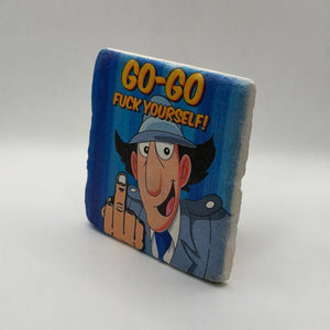 Humorous 'Go Go Fuck Yourself' slogan printed on square travertine stone coaster