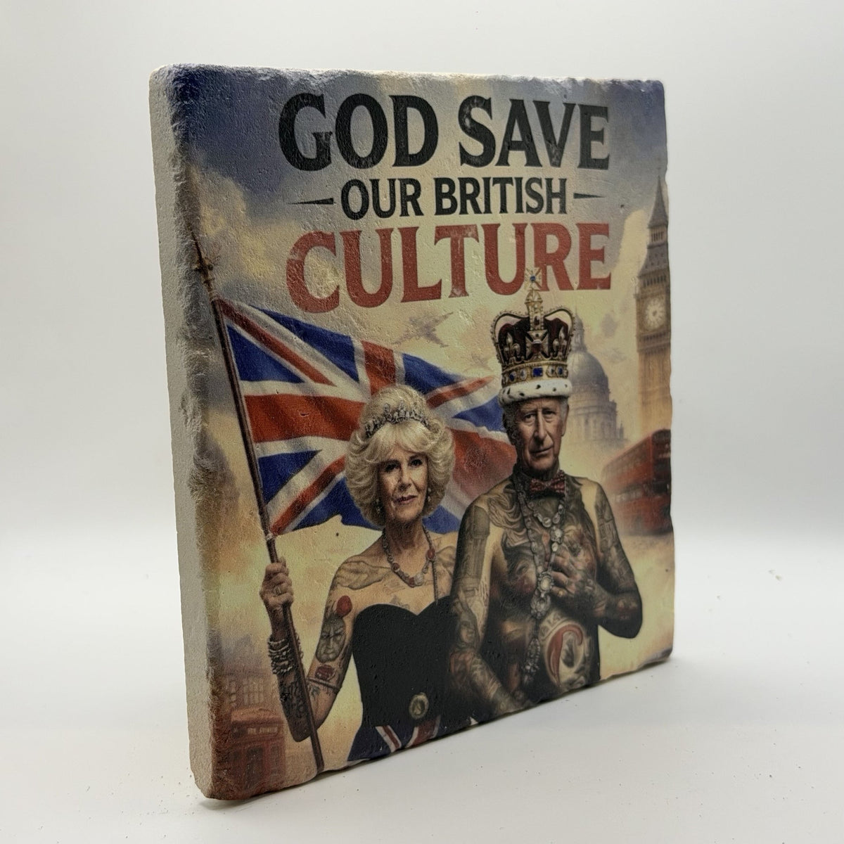 God Save Our British Culture Natural Travertine Stone Hotpad 3