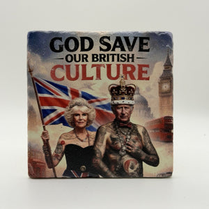 God Save The Queen Natural Travertine Stone Coaster artwork