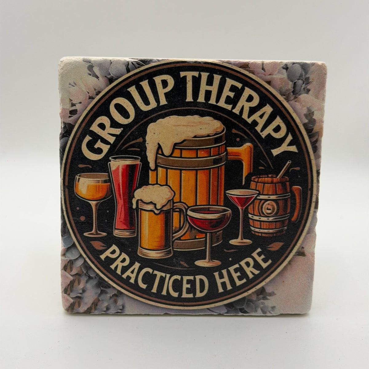Comedic design featuring group therapy printed on square travertine stone coaster