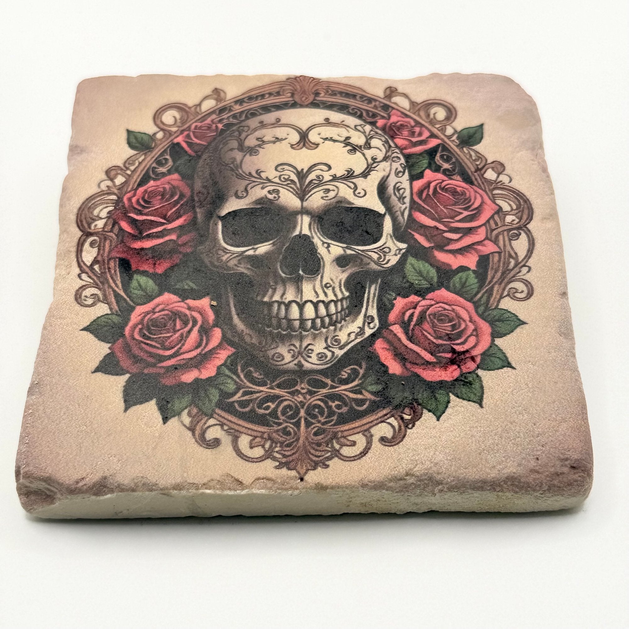 Grungy Skull Roses Stone Coaster