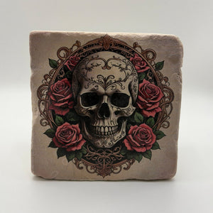Grungy Skull Roses Stone Coaster