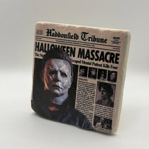 Classic horror film artwork printed on square travertine stone coaster