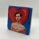 Harry Styles artwork printed on square travertine stone coaster