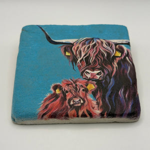 Highland Cow And Calf artwork printed on premium natural travertine stone coaster