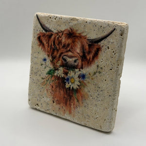 Highland Cow Daisy Coo Portrait Stone Coaster