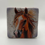 Equine artwork printed on square travertine stone coaster