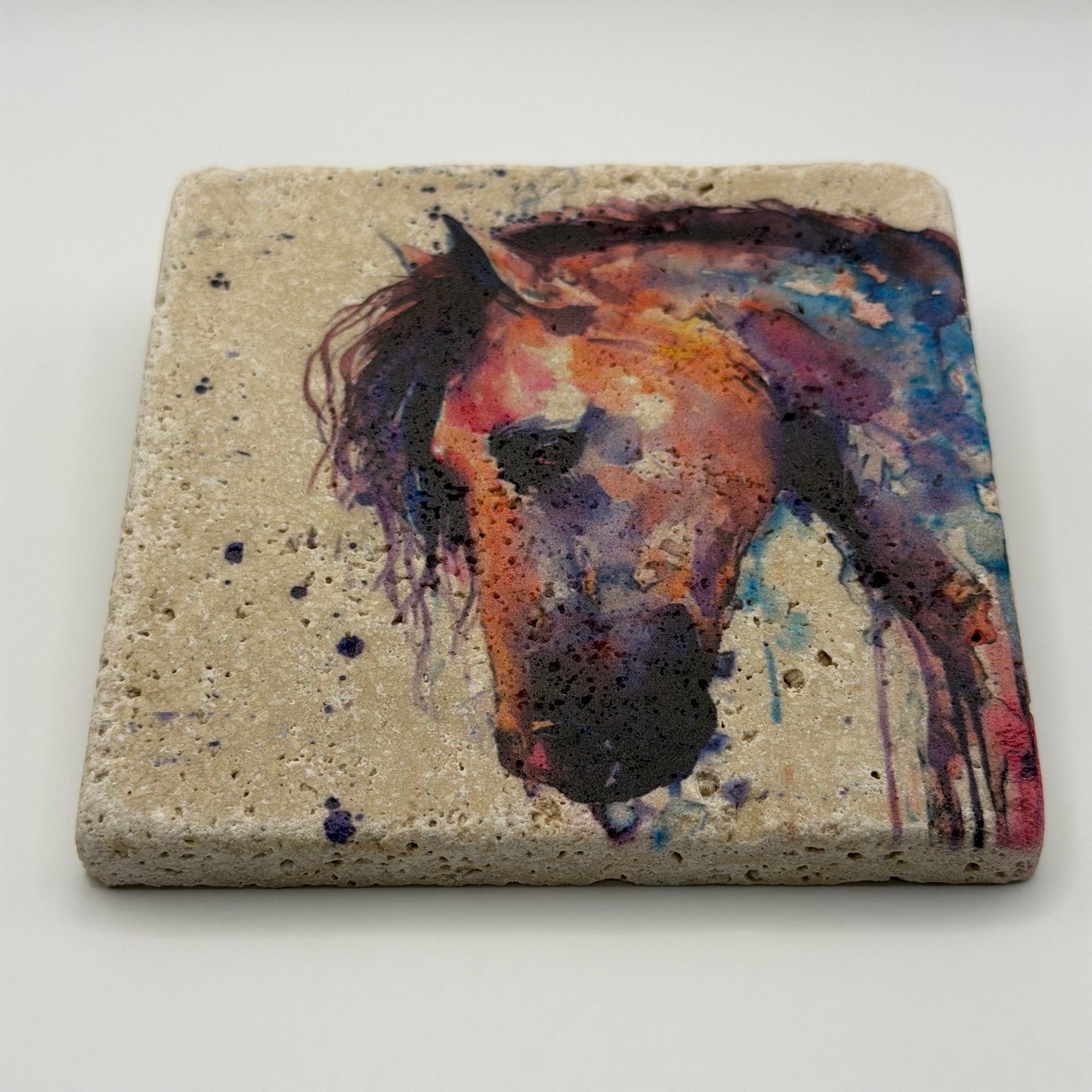 Equine artwork printed on square travertine stone coaster