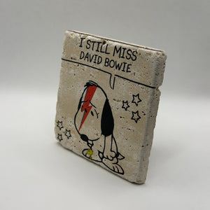 I Still Miss David Bowie artwork printed on square natural travertine stone coaster