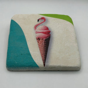 Vintage ice cream artwork printed on square travertine stone coaster