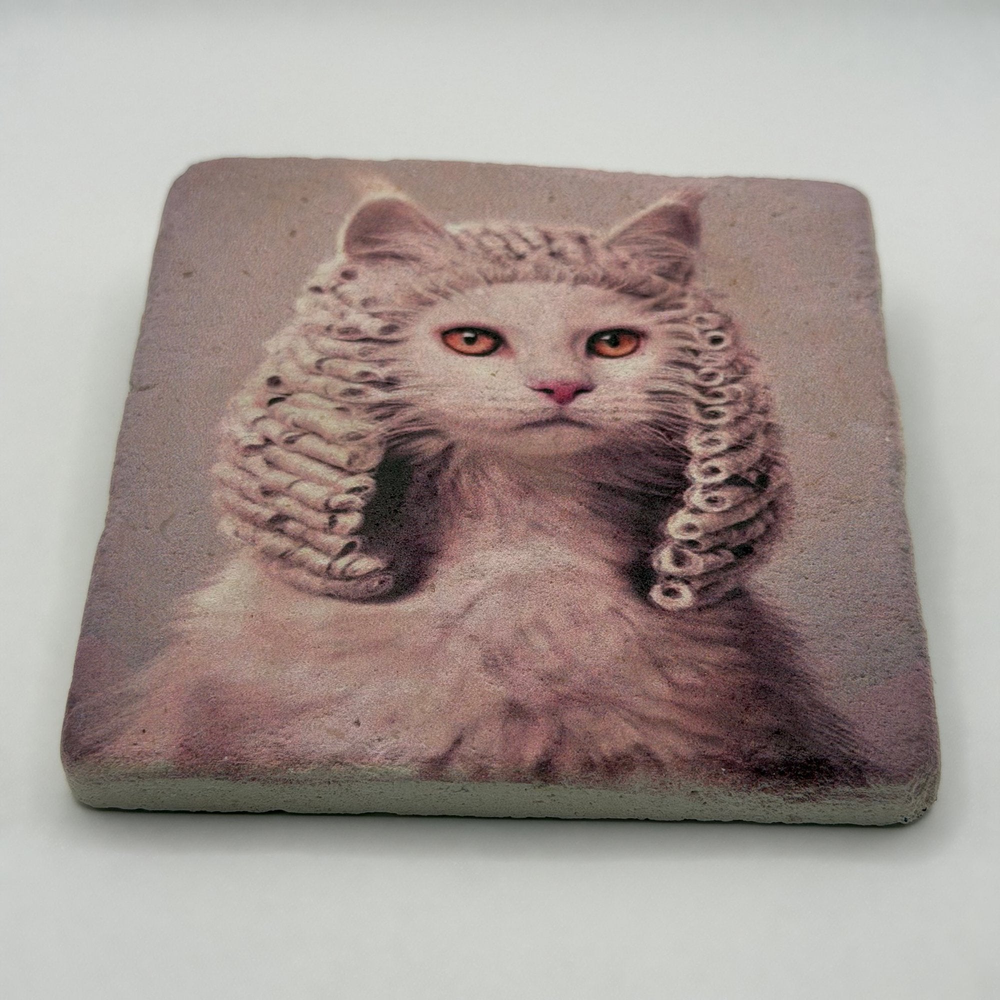 If Animals Could Jugde Cat artwork printed on premium natural travertine stone coaster