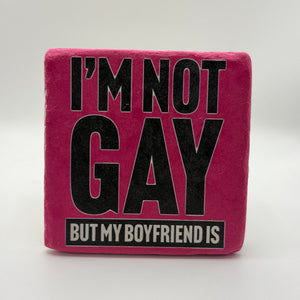 Humorous quote printed on square travertine stone coaster