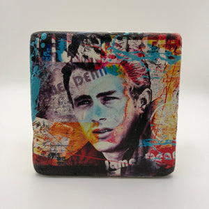 James Dean portrait printed on square travertine stone coaster