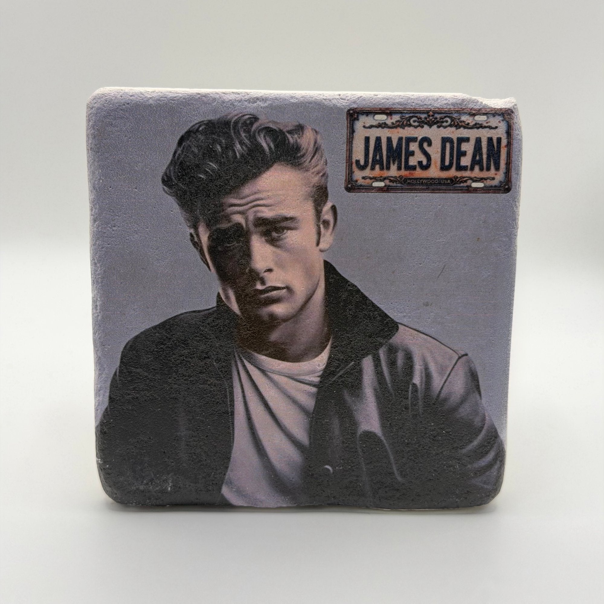 James Dean portrait printed on square travertine stone coaster